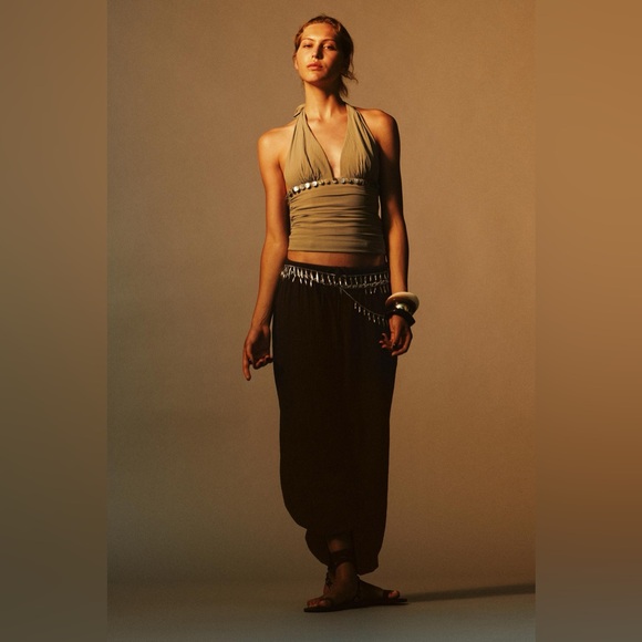 Zara NWT Bohemian Beach Resort Wear Tan V Neck Sea Shell Halter Top (Medium) - Picture 6 of 7